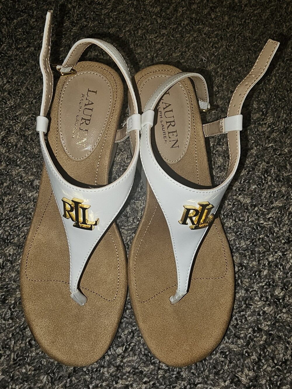 Lauren Ralph Lauren White Thong Sandals with Gold RL Emblem